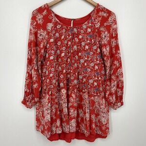 Free People Long Sleeve Dress‎ Women's Size XS Red Floral Mini Length Boho Flowy